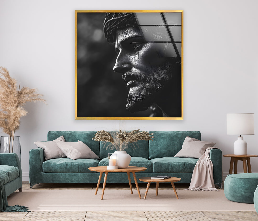 Modern black-and-white Jesus sculpture art on glass, a meaningful and profound piece for any room.
