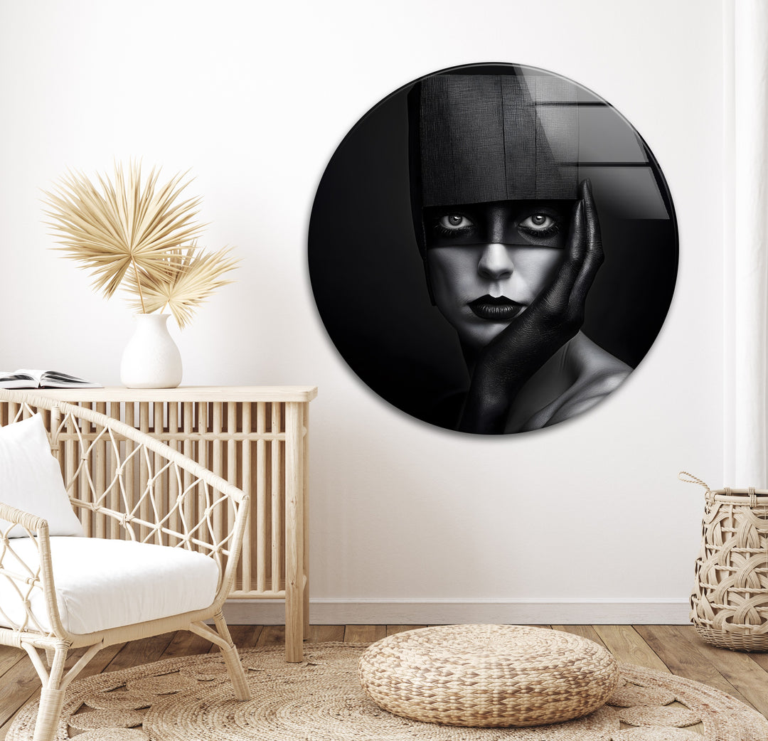 Stunning abstract portrait artwork in black-and-white tones on glass.
