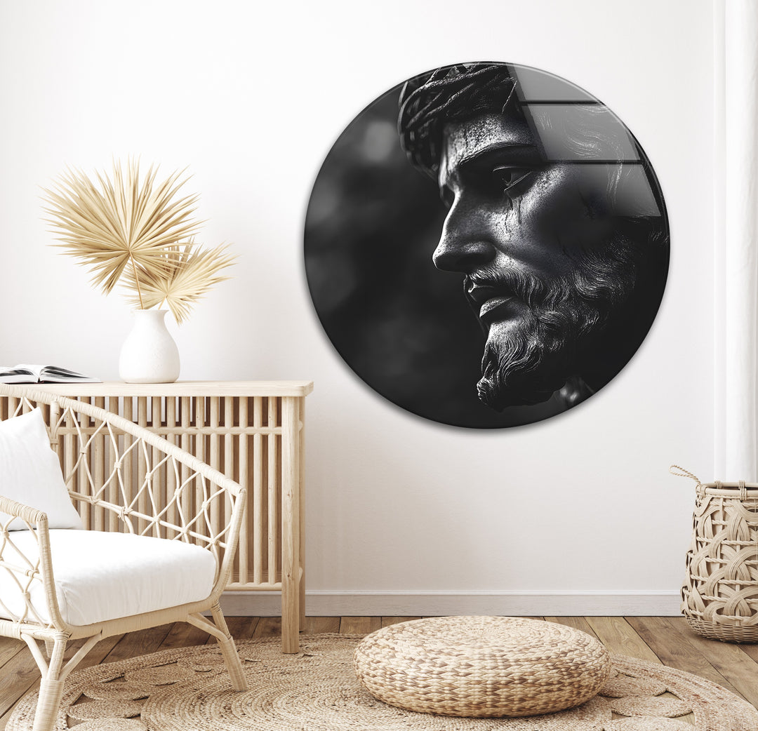 Dramatic black-and-white Jesus sculpture wall art on glass, adding depth and spiritual beauty to your walls.
