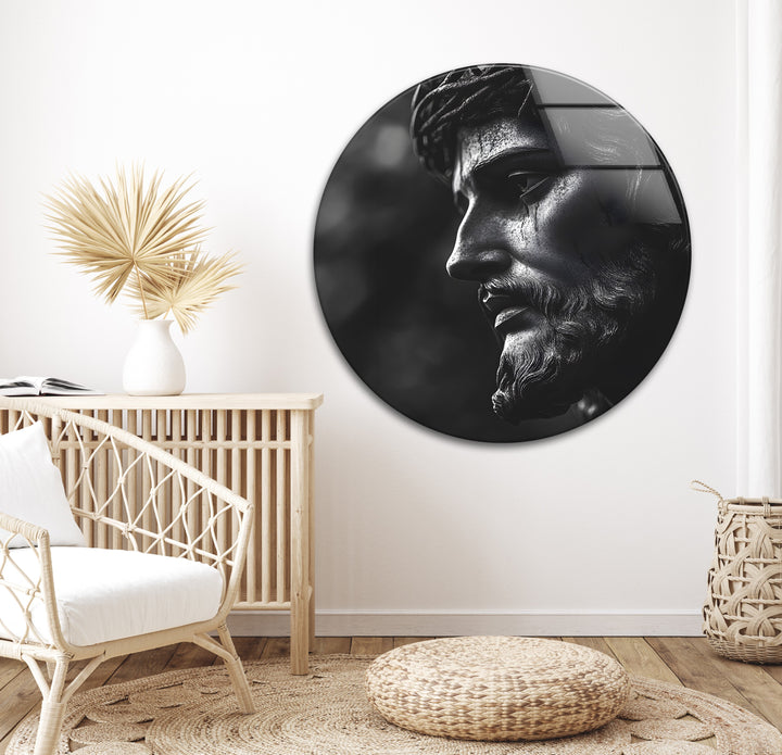 Dramatic black-and-white Jesus sculpture wall art on glass, adding depth and spiritual beauty to your walls.

