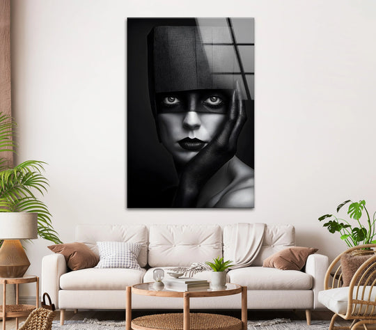 Monochrome abstract art, featuring a portrait with dramatic contrast on glass.
