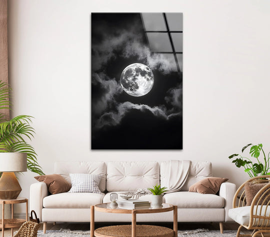 Striking black-and-white moonlit scene on glass, perfect for adding a touch of mystery to any room.
