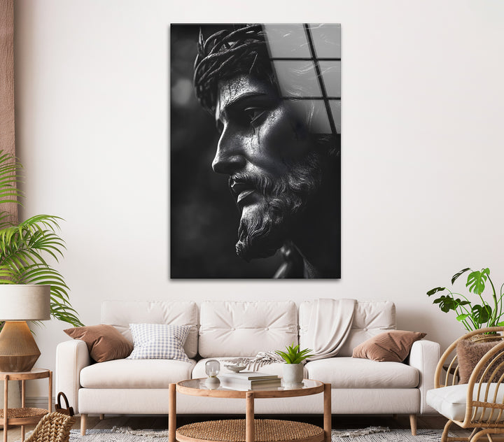 Timeless black-and-white Jesus sculpture art on glass, adding depth and meaning to any room.
