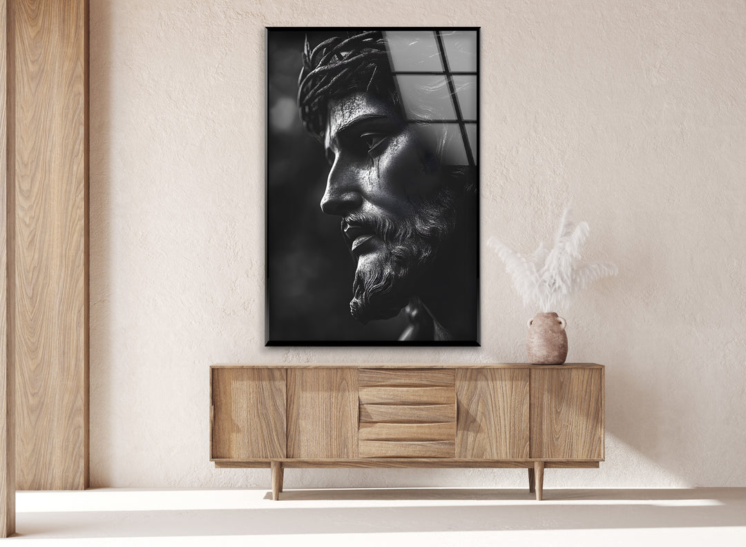 Stunning Jesus sculpture captured in high-contrast black-and-white, printed on durable glass.
