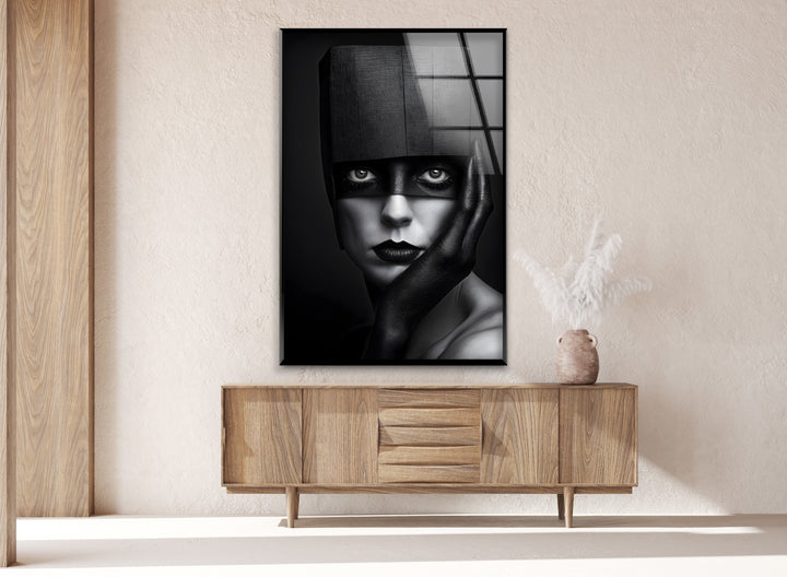 Modern abstract portrait in black-and-white, printed on durable glass.
