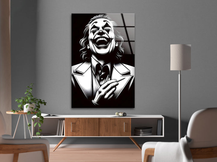 A visually stunning black and white framed art piece featuring a clown’s eerie yet mesmerizing laughter.

