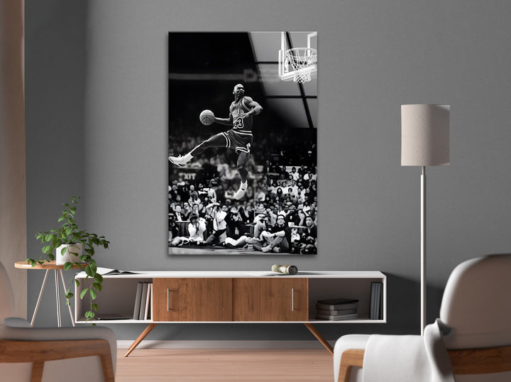 A high-quality black and white glass art piece highlighting MJ’s gravity-defying dunk.

