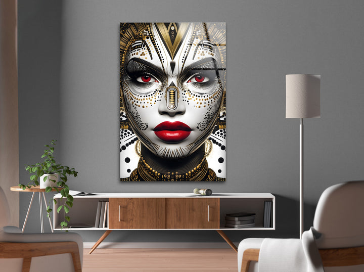 A stunning black and white glass wall art featuring a mystical portrait with radiant golden embellishments.

