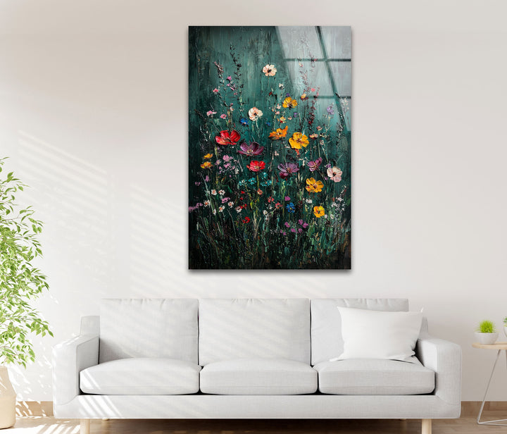 Lebendige Gartensymphonie – Strukturierte Blumen-Wandkunst aus Glas