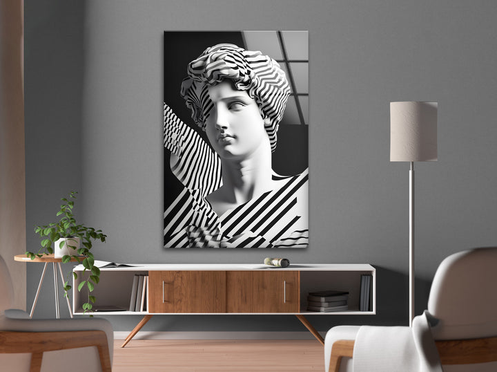 Bold Abstract Sculpture: Striking black and white lines meet classical sculpture, creating an eye-catching glass wall art.
