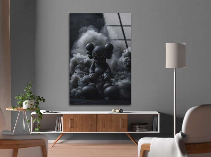 Minimalist yet powerful KAWS-style artwork, featuring dramatic contrasts on high-quality glass wall art.
