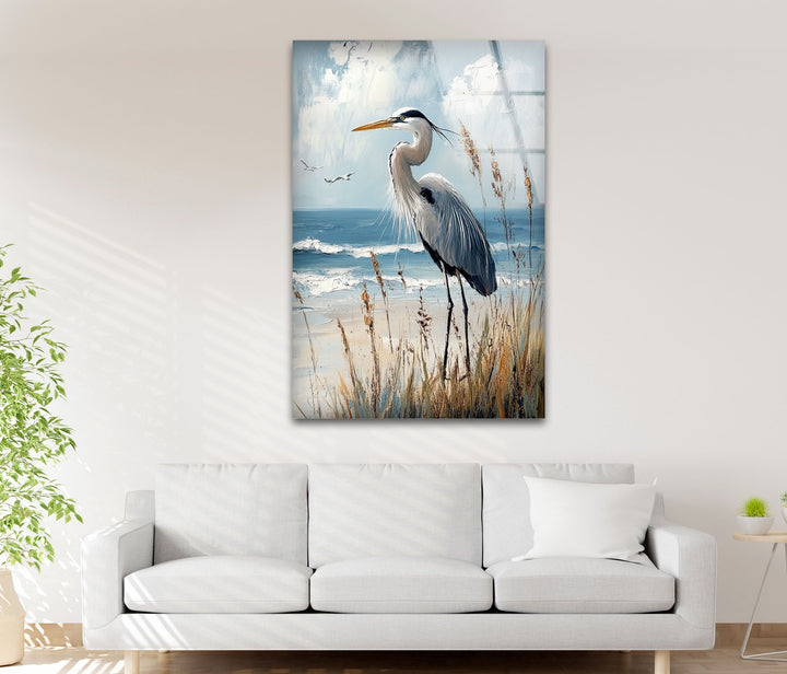 Majestic Heron by the Shoreline - Animal Glass Wall Art
