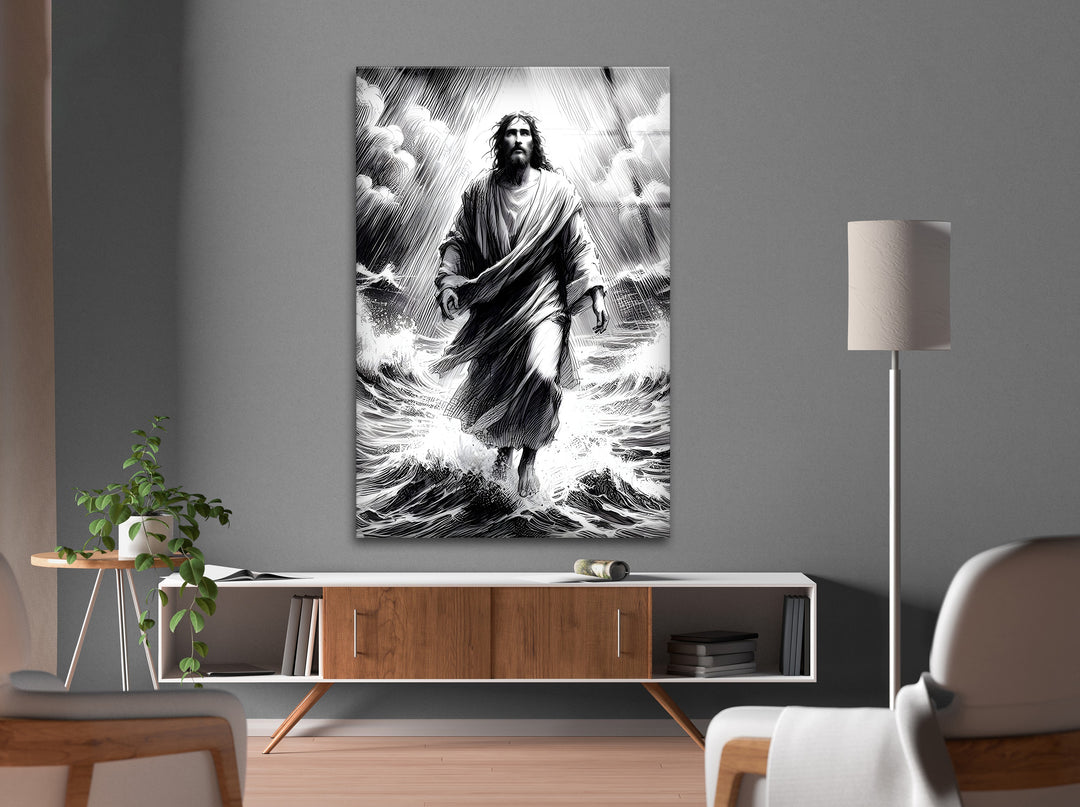 Jesus on the Waves - Spiritual Black and White Glass Wall Art
