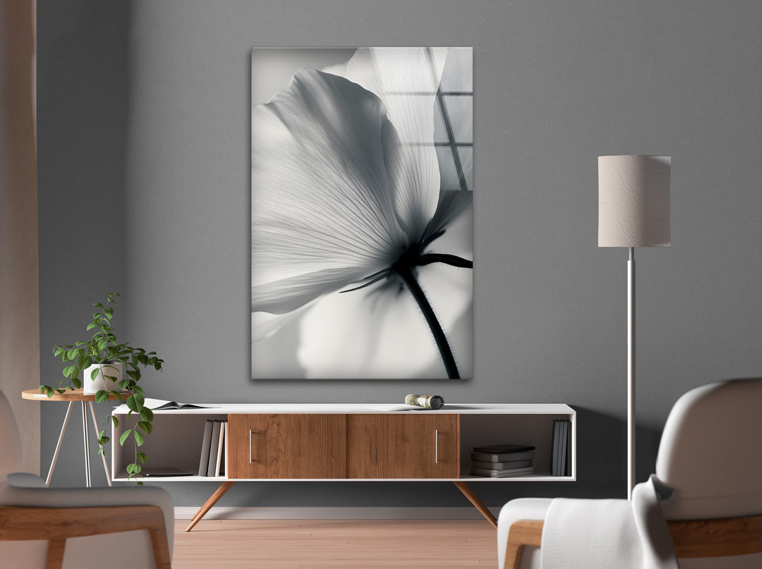 Timeless Bloom: Elegant floral glass wall art in black and white, perfect for modern and minimalist interiors.
