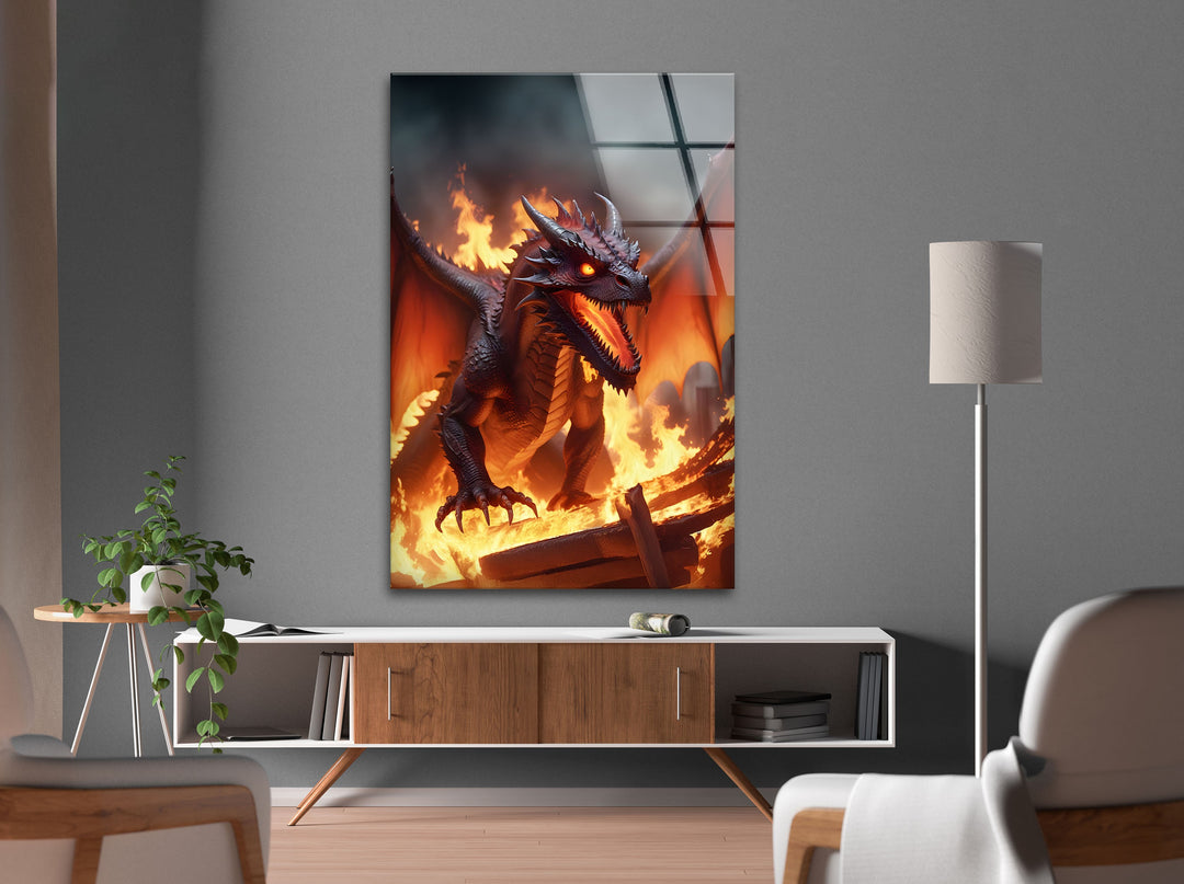 Powerful inferno dragon standing tall in flames, its roar resonating through the chaos.
