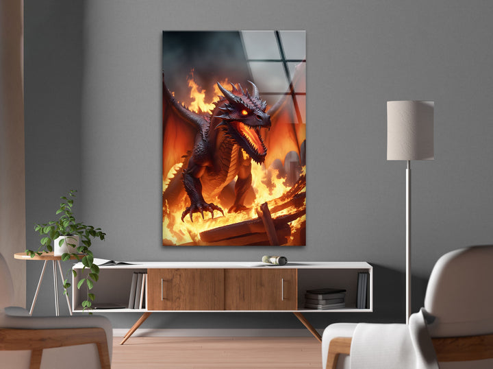 Powerful inferno dragon standing tall in flames, its roar resonating through the chaos.
