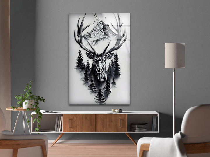 Majestätischer Hirsch &amp; Berg – Schwarz-Weiß-Wandkunst mit Wildtieren
