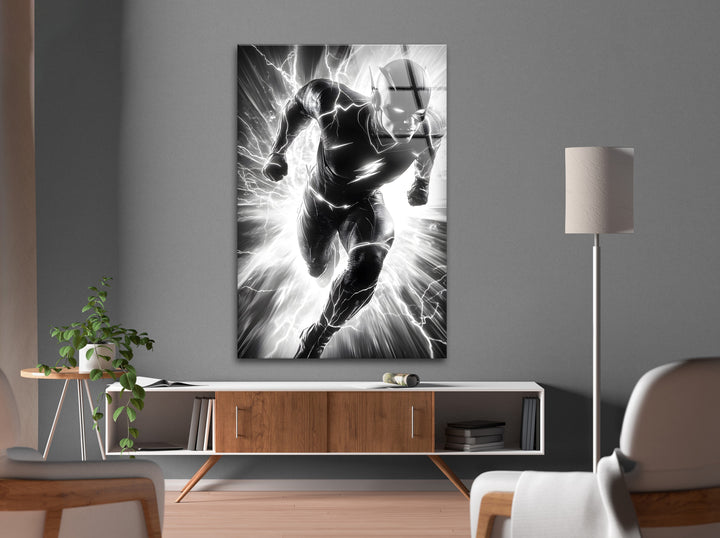 A powerful monochrome portrait of The Flash in full action, showcasing his incredible speed.