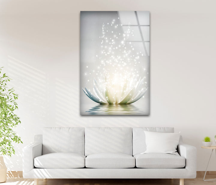 Leuchtende Lotusblüte – Funkelnd weiße Glaswandkunst