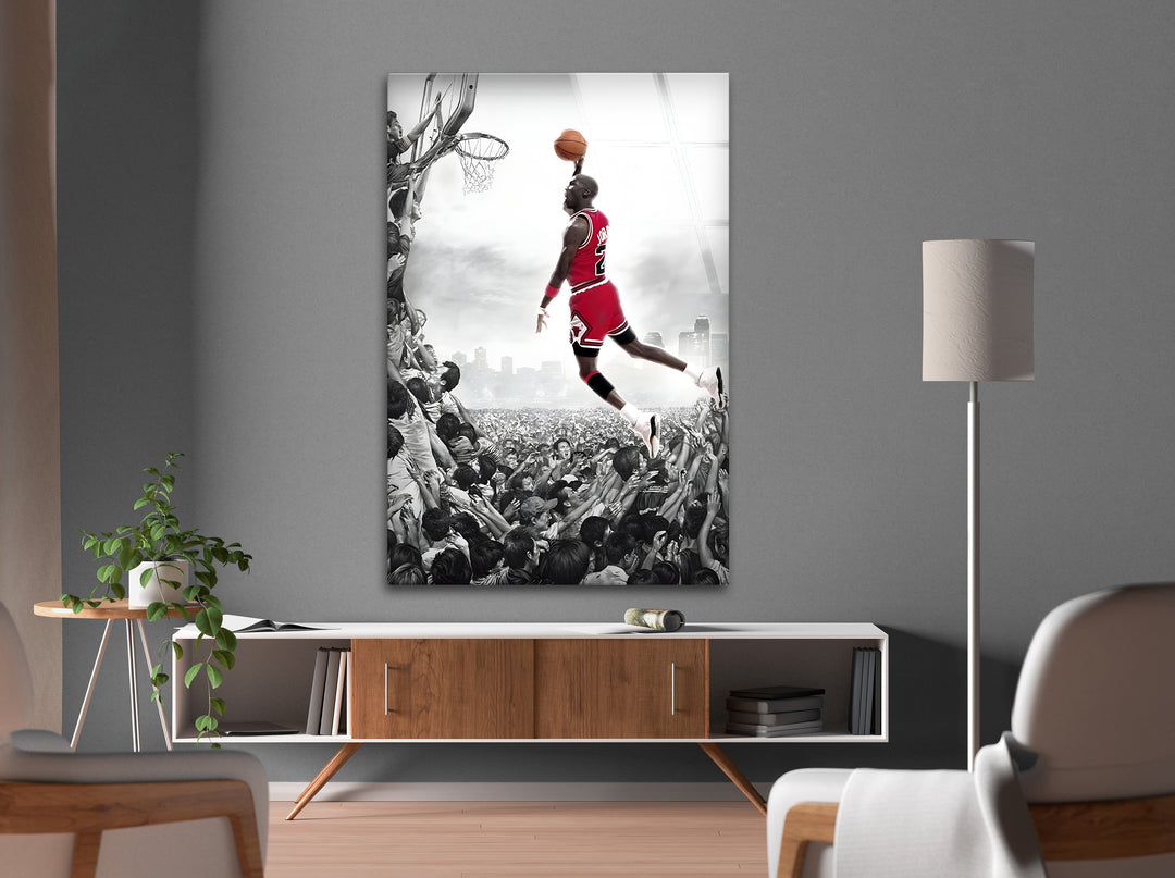 A tribute to the greatness of Michael Jordan, featuring his unforgettable dunk captured in timeless glass art.