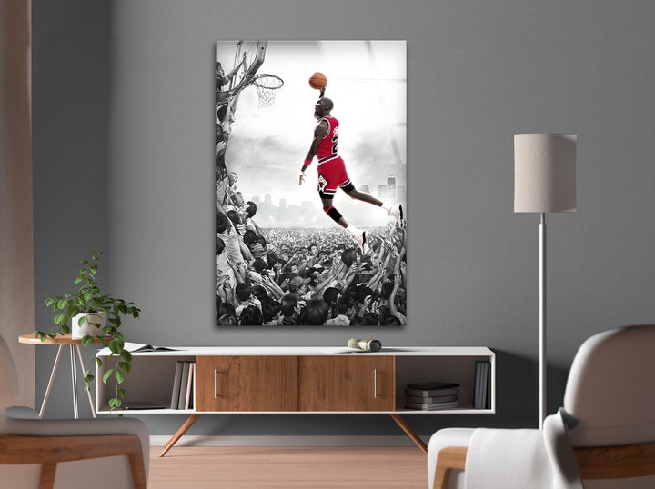A tribute to the greatness of Michael Jordan, featuring his unforgettable dunk captured in timeless glass art.