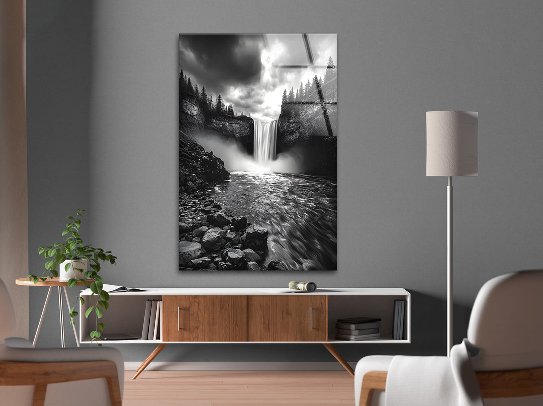 Beautifully detailed glass wall art showcasing the movement and elegance of a cascading waterfall.