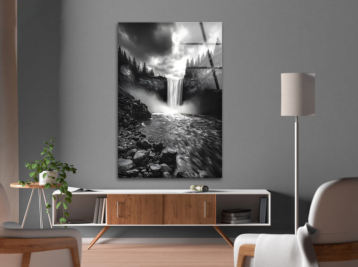 Beautifully detailed glass wall art showcasing the movement and elegance of a cascading waterfall.