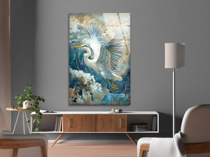 Celestial Flight – Verzierter Reiher mit Gold- und Blumenmotiven aus Glas