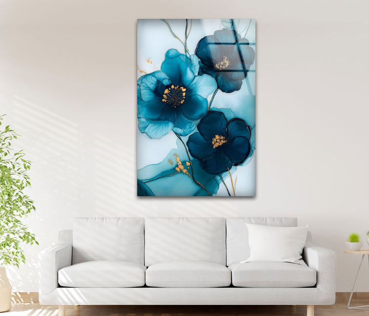 Midnight Bloom – Elegante blaue florale Glaswandkunst