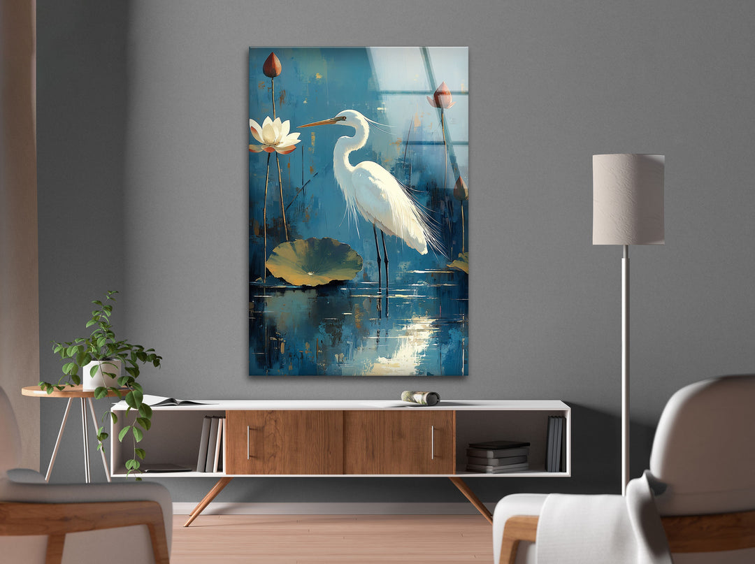 Lotus Grace – Wandbild aus Glas mit weißem Reiher und Seerose