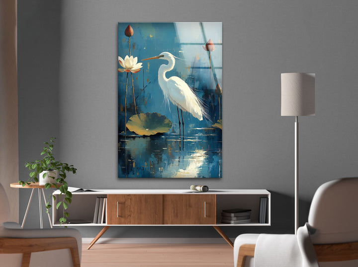Lotus Grace – Wandbild aus Glas mit weißem Reiher und Seerose