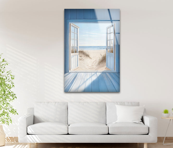 Blue Retreat – Glaswandkunst mit offenem Strandblick