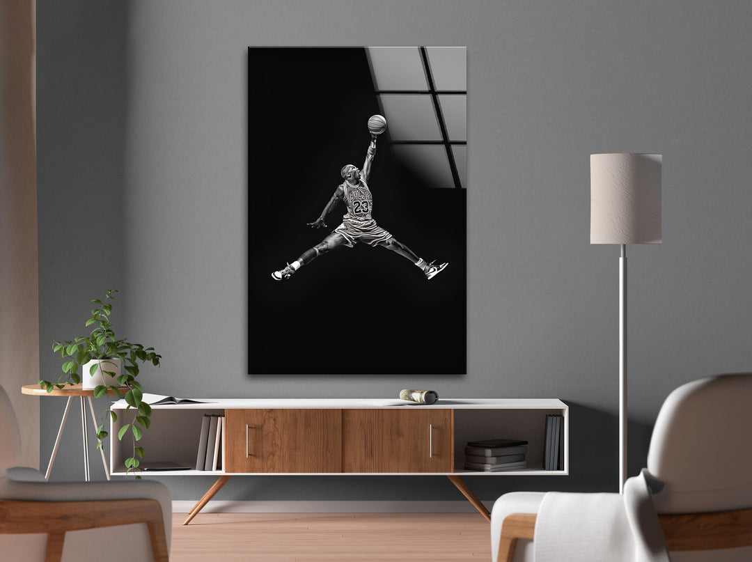 High-quality glass wall art of Michael Jordan mid-air dunk
