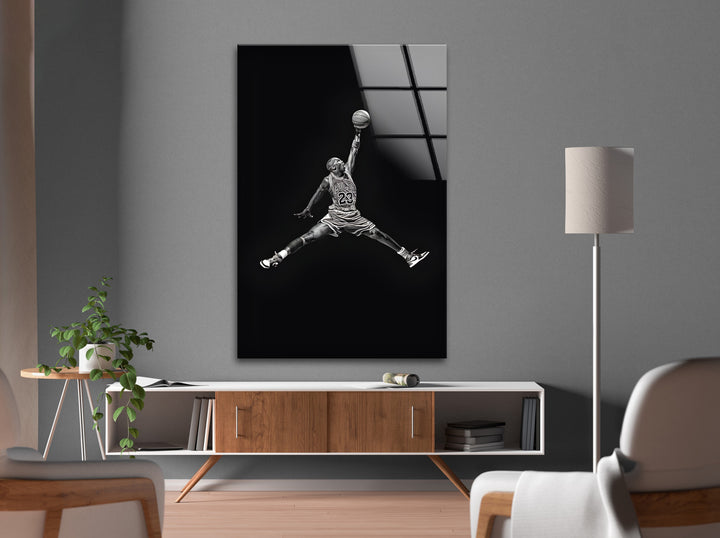 High-quality glass wall art of Michael Jordan mid-air dunk
