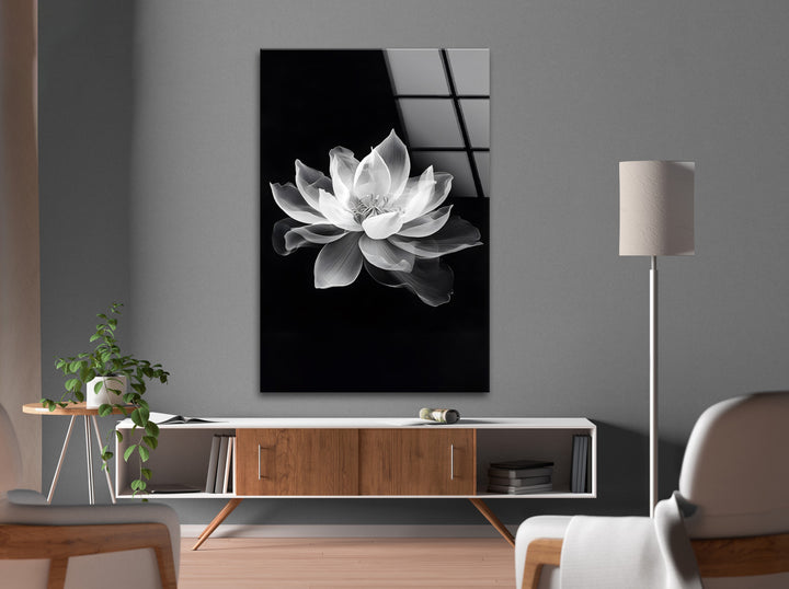 Stunning black-and-white floral design, capturing the elegance of the lotus on glass.

