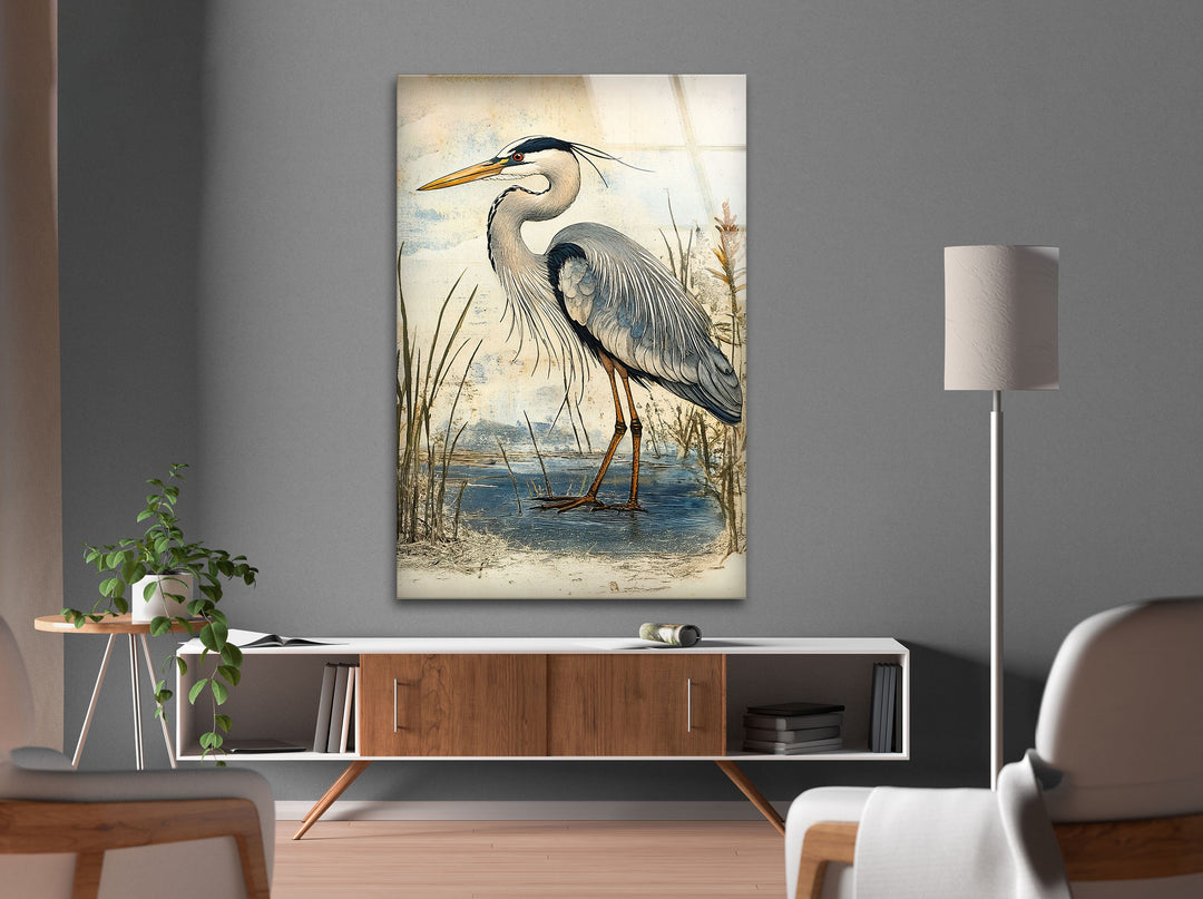 Marshland Poise – Vintage Reiher Illustration Glaswandkunst