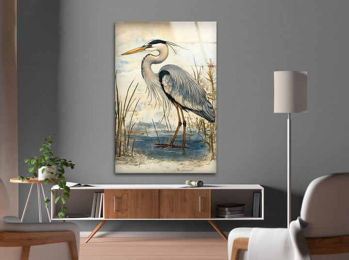 Marshland Poise – Vintage Reiher Illustration Glaswandkunst