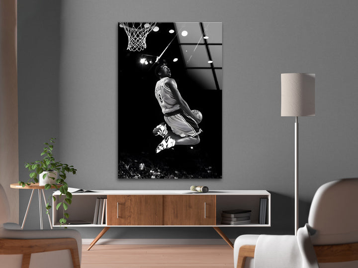 A breathtaking shot of Kobe’s unforgettable dunk, immortalized in black and white glass art.

