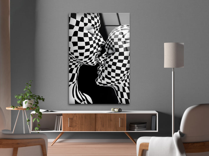 Stunning checkered pattern surrounding a kiss in high-contrast black and white.

