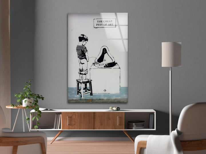 A powerful and artistic black and white urban mural, transformed into stunning glass wall art.
