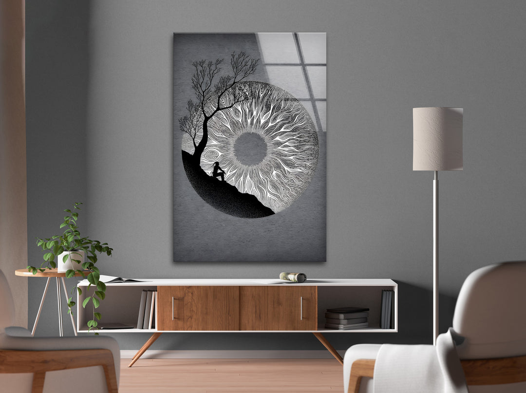 A deep and symbolic black and white artwork portraying inner contemplation and the vastness of perception.

