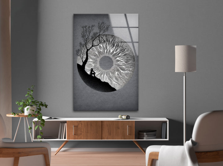 A deep and symbolic black and white artwork portraying inner contemplation and the vastness of perception.

