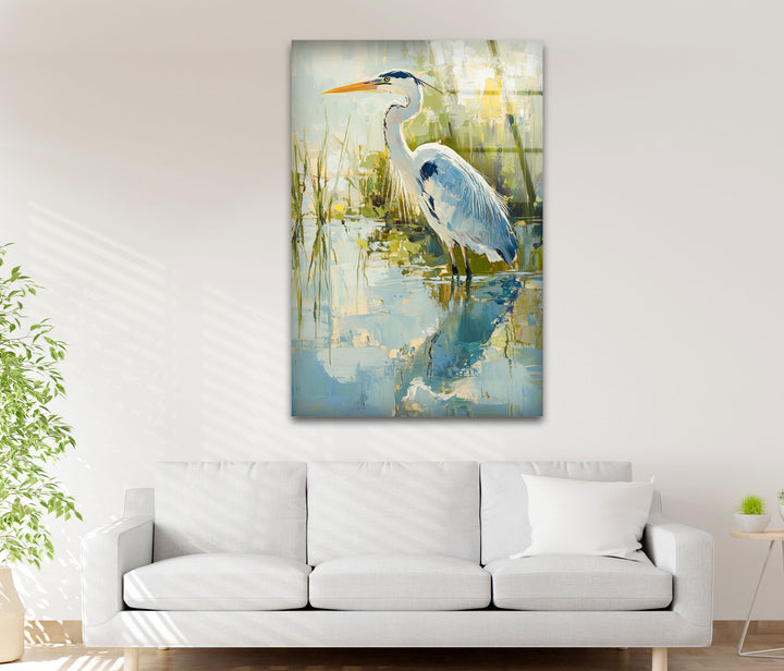 Anmutiger Reiher am Wasser – Ruhige Natur Glaswandkunst