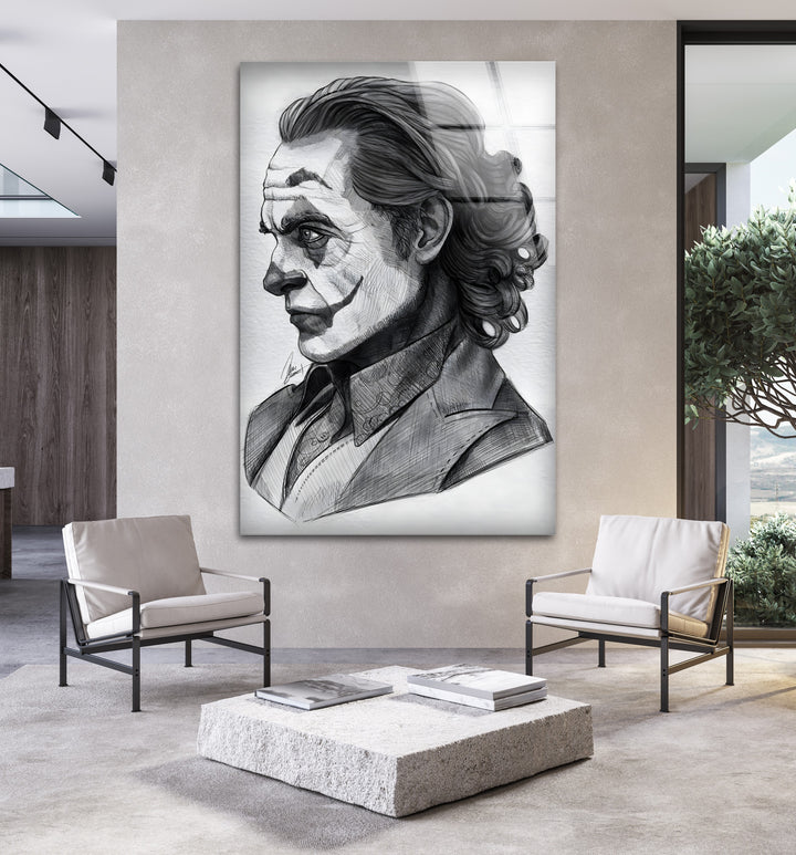 Dunkles Clown-Porträt – Schwarz-Weiß-Zeichnung, Glaswandkunst
