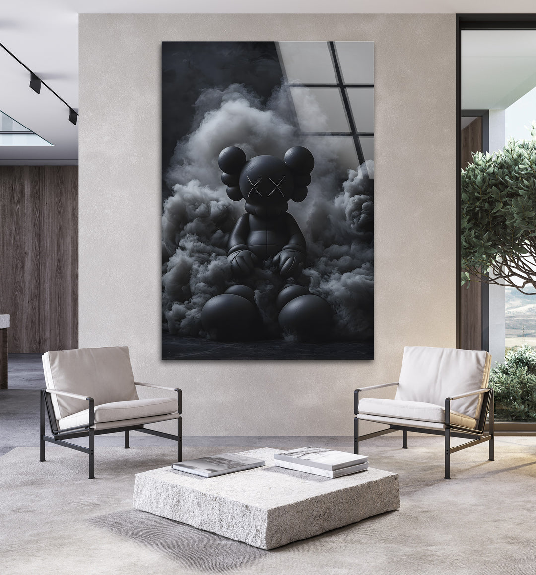 A visually striking black and white glass wall art featuring an urban contemporary KAWS-inspired design.
