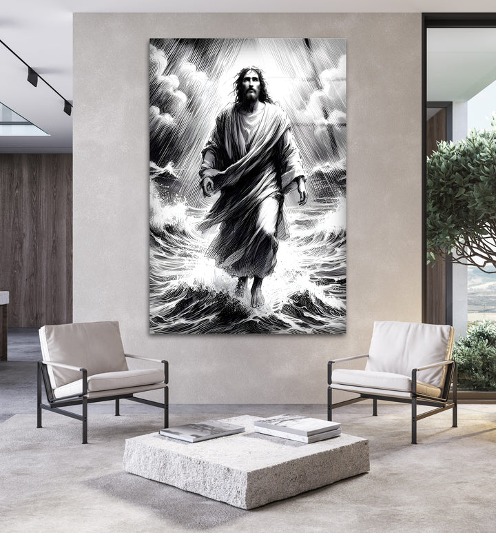 Christian Faith Glass Wall Art - Jesus Walking on Water Scene
