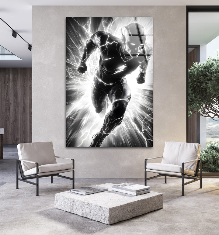 Electric energy captured in black and white, featuring The Flash racing through time in this stunning glass wall art.