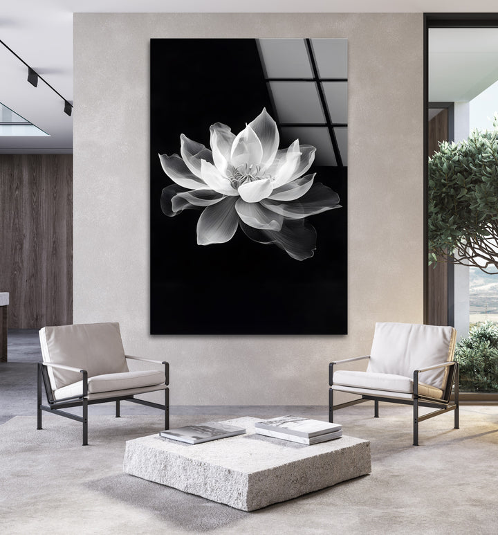 Serene black-and-white lotus flower artwork on durable glass for lasting beauty.
