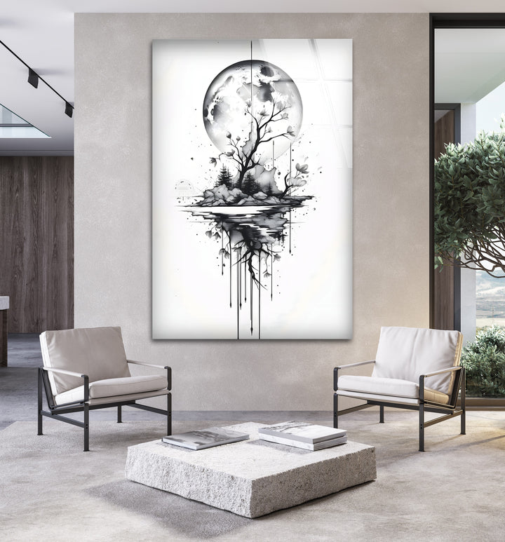 Celestial Moon Reflection - Minimalist Black and White Glass Art
