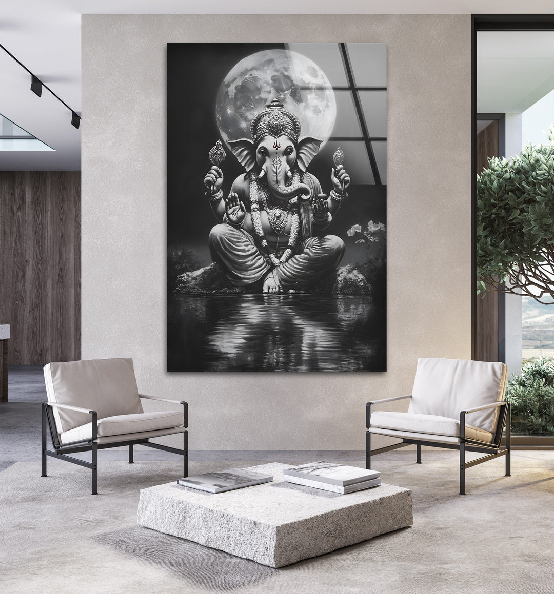 A timeless black and white glass wall art of Lord Ganesha, enhancing any spiritual or modern decor.
